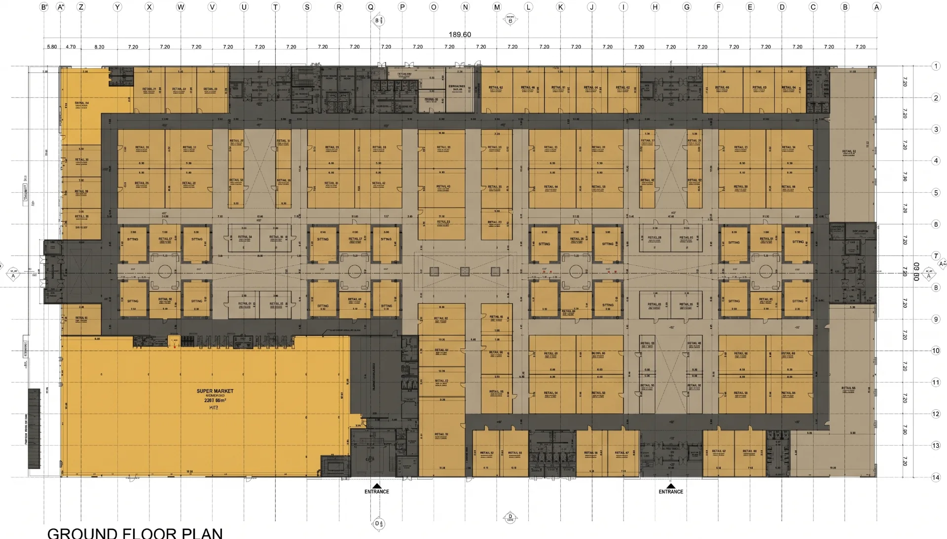 Mizn Avenue ground-floor plan — 90 retail units, colour-keyed zoning, Al Mizn 4, Abu Dhabi